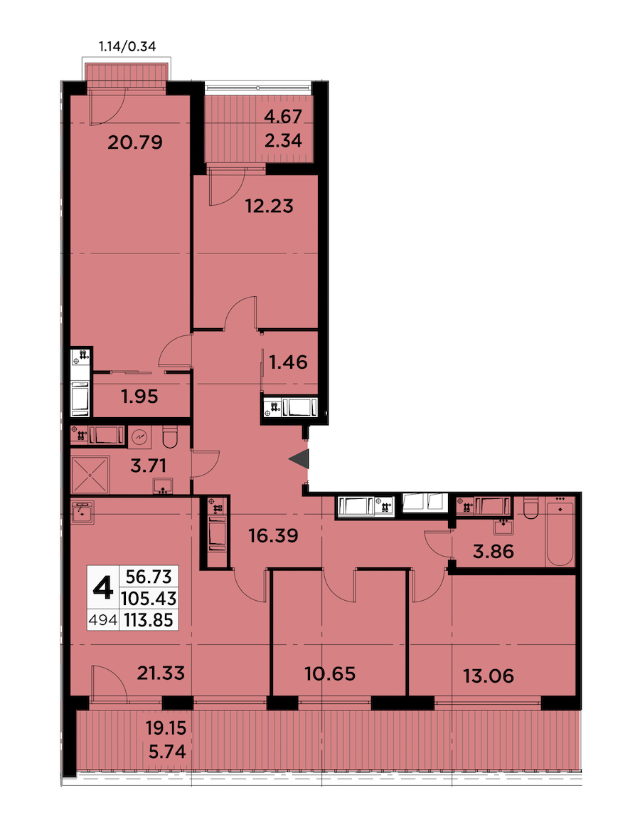 4-комнатная квартира 113.85 м², 14/14 эт., ЖК «GloraX City Zanevsky»